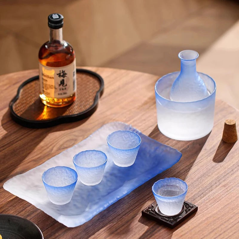 Textured frosted glass sake set in ombre blue