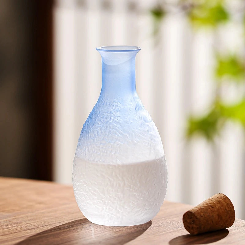 Textured frosted glass sake set in ombre blue