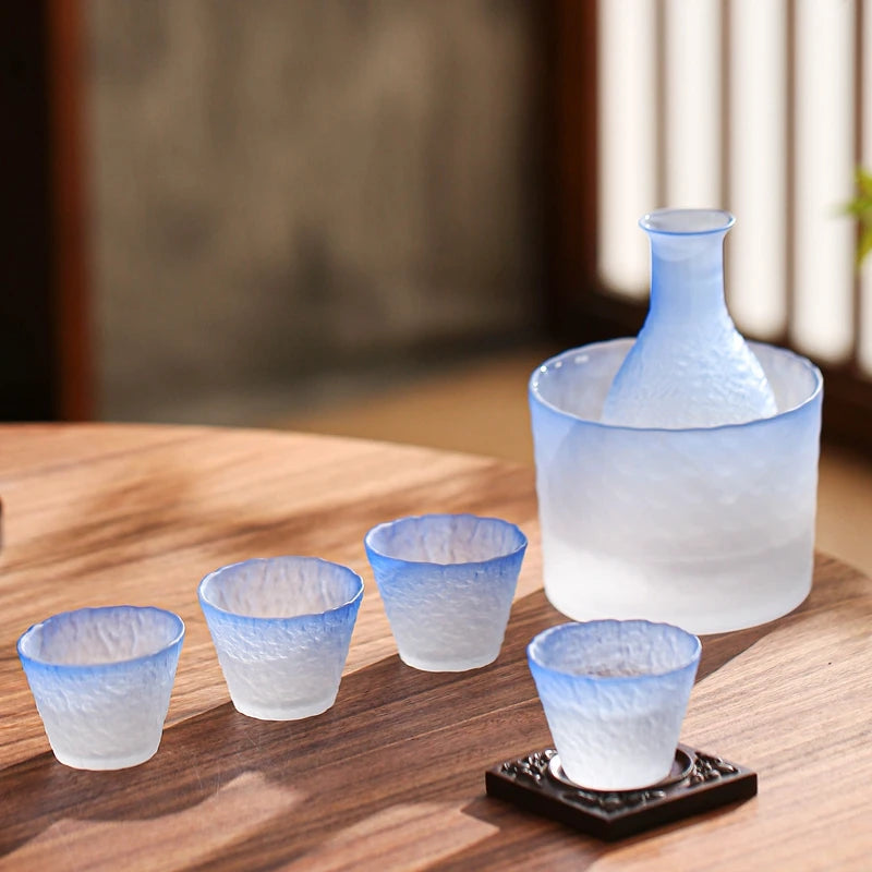 Textured frosted glass sake set in ombre blue