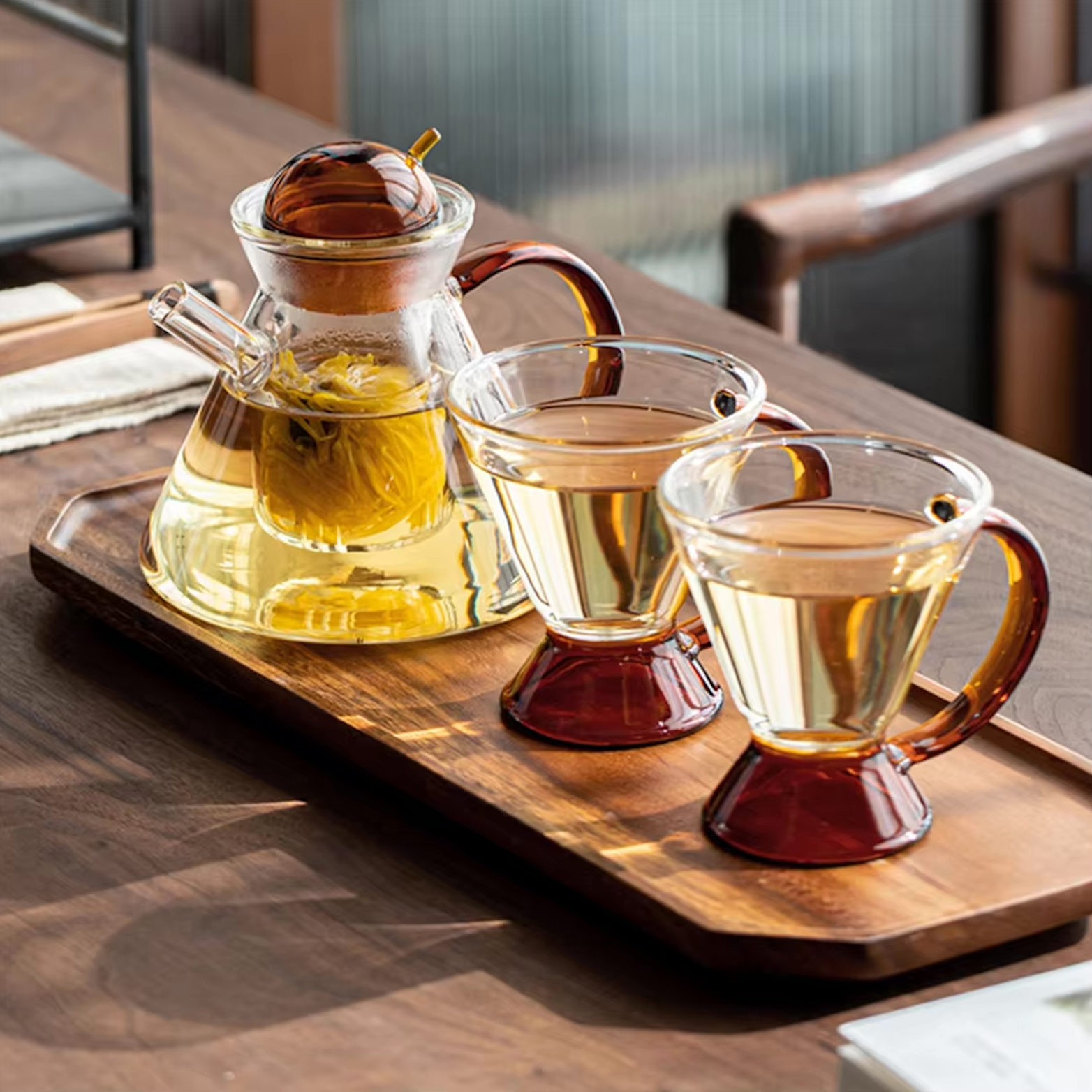 Modern tempered glass heat resistant teapot set with immersion cup