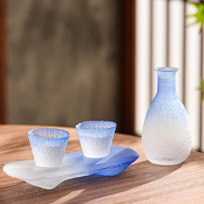 Textured frosted glass sake set in ombre blue