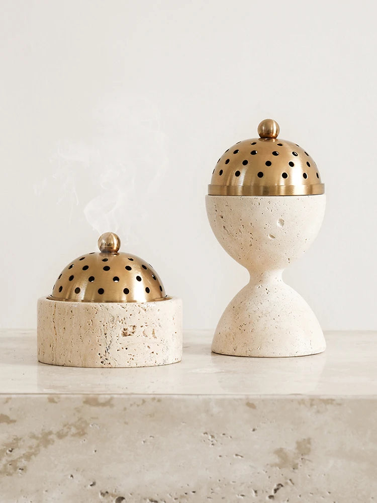 travertine stone incense mabkhara oud bakhoor burner with brass cover