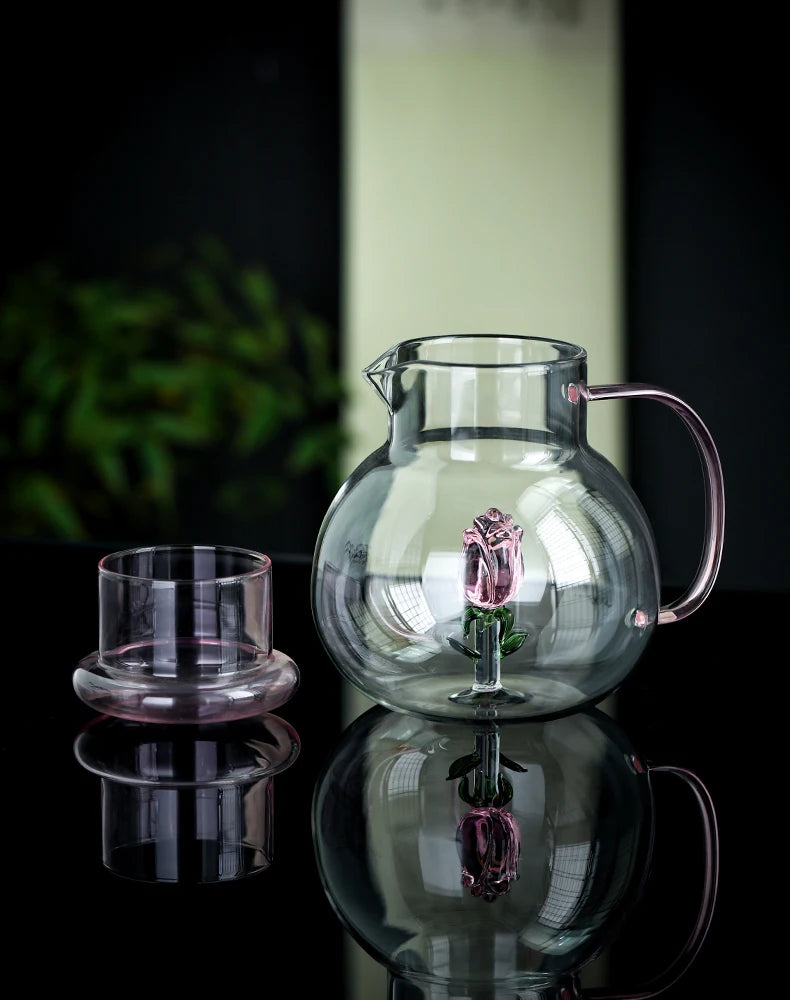 3D Rose Blossom Glass Cup & Pitcher Set