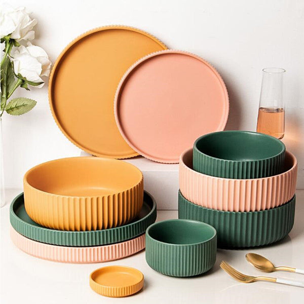 round ceramic textured stripe exterior pink yellow green plates and bowls