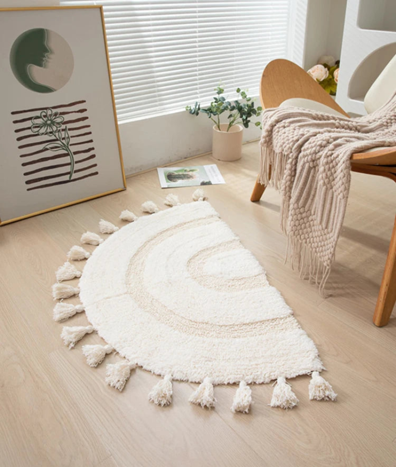 sunburst semi circle rug with tassels handwoven plush boho rug