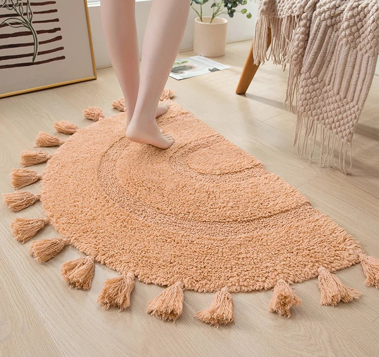 sunburst semi circle rug with tassels handwoven plush boho rug