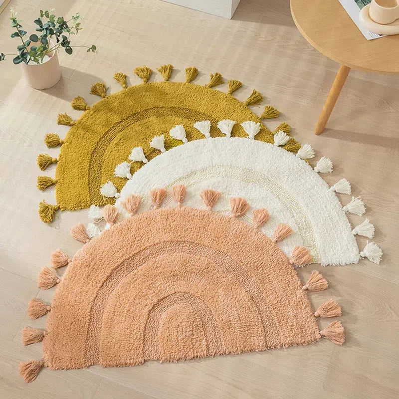 sunburst semi circle rug with tassels handwoven plush boho rug