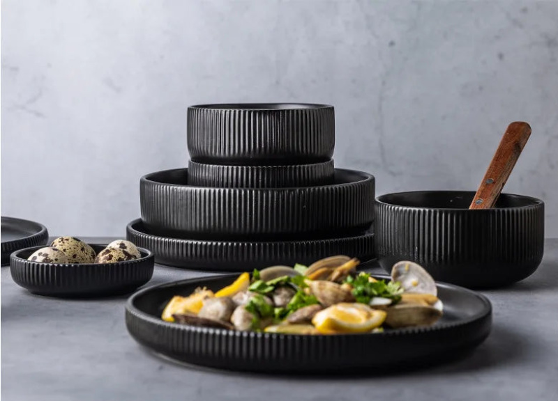 Ceramic Matte Glazed Dinnerware collection textured ceramic tableware ribbed pattern minimalist plates bowls