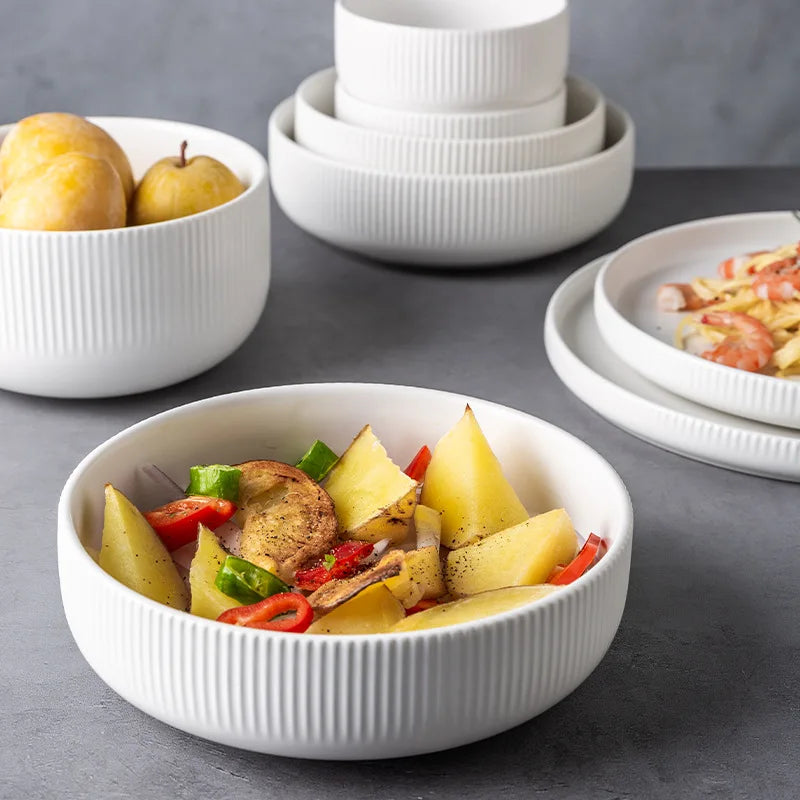 Ceramic Matte Glazed Dinnerware collection textured ceramic tableware ribbed pattern minimalist plates bowls