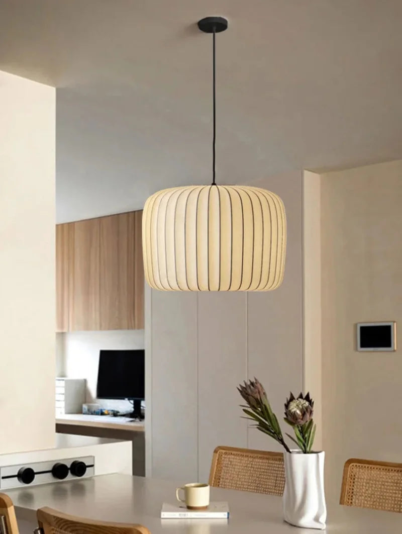 Silk Pendant Light modern fabric hanging lamp with black frame adjustable height