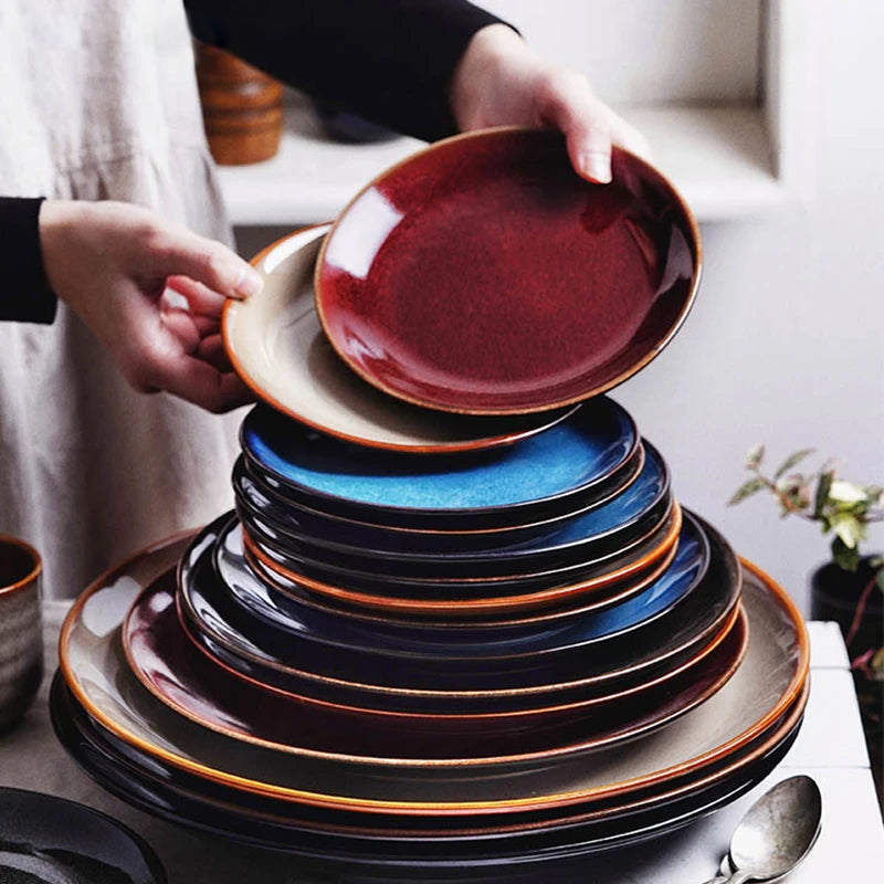 Vibrant glaze ceramic shallow plates contrast plates vintage dinnerware