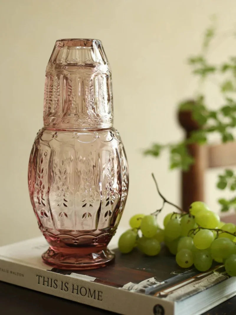 Vintage glass carafe set embossed floral pattern textured grip bedside water bottle