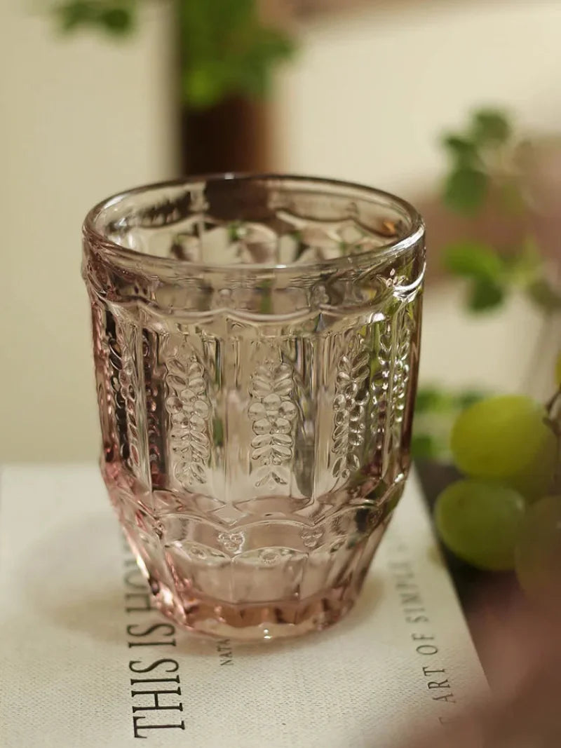 Vintage glass carafe set embossed floral pattern textured grip bedside water bottle