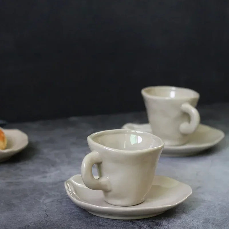 Handmade irregular ceramic cup and saucer set neutral beige coffee and tea mug set