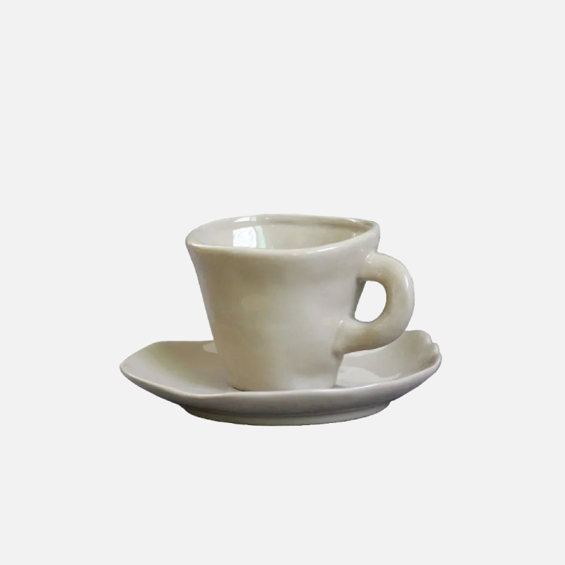 Handmade irregular ceramic cup and saucer set neutral beige coffee and tea mug set