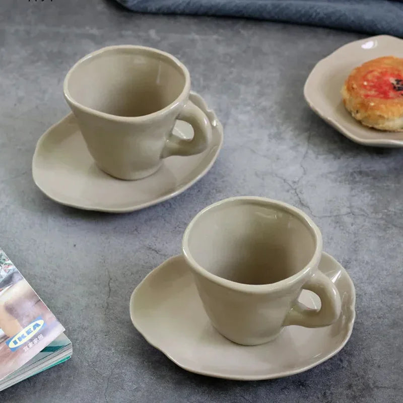 Handmade irregular ceramic cup and saucer set neutral beige coffee and tea mug set