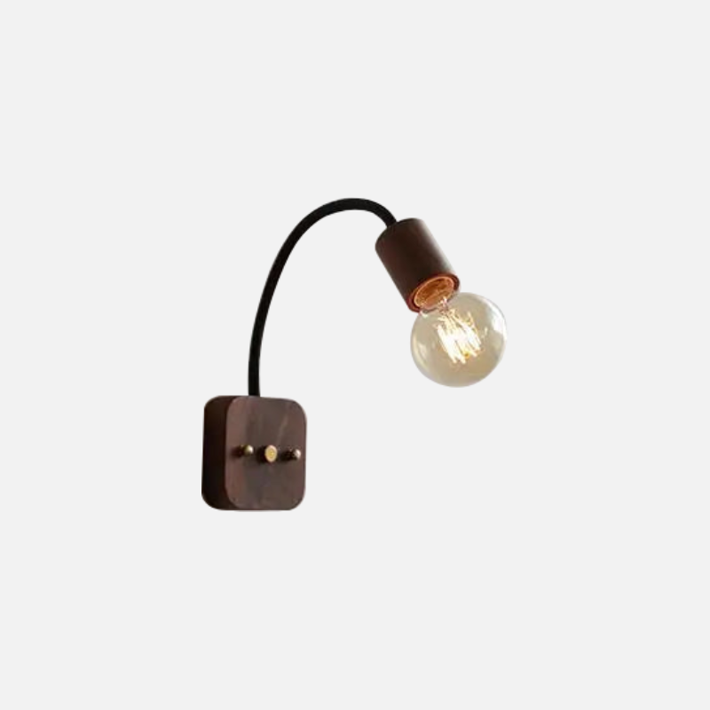 Walnut wood adjustable wall lamp with black arm, minimalist exposed bulb design for modern bedroom or hallway lighting.