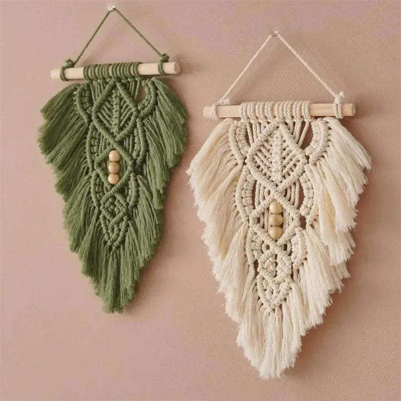 Handcrafted macramé leaf tapestry with wooden beads, boho wall décor wall hanging