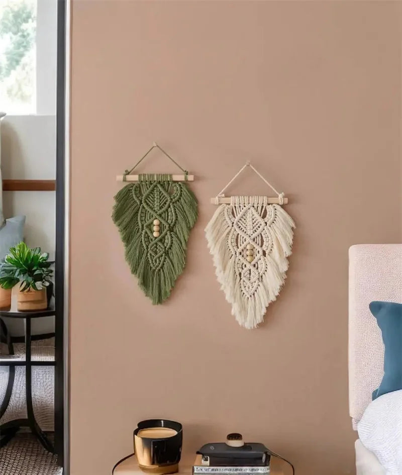 Handcrafted macramé leaf tapestry with wooden beads, boho wall décor wall hanging