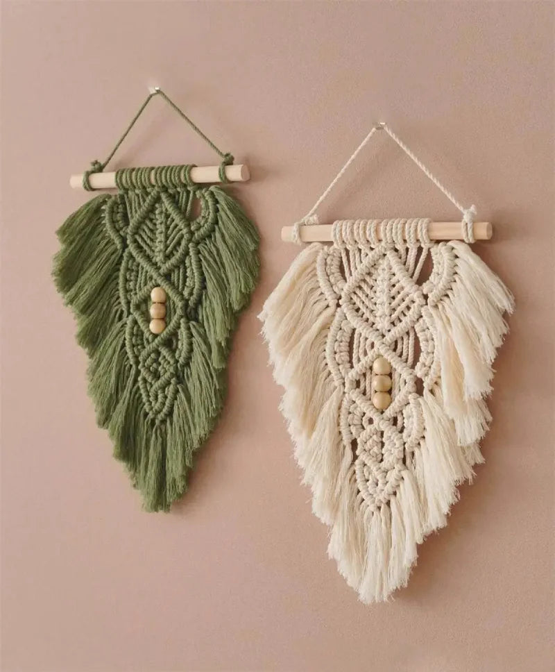 Handcrafted macramé leaf tapestry with wooden beads, boho wall décor wall hanging