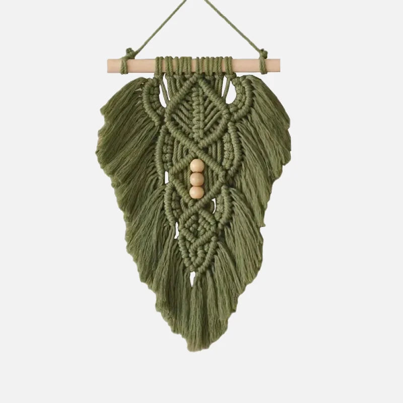 Handcrafted macramé leaf tapestry with wooden beads, boho wall décor wall hanging