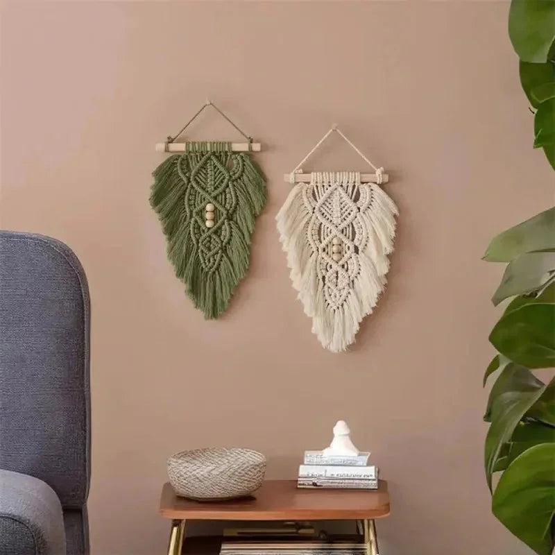 Handcrafted macramé leaf tapestry with wooden beads, boho wall décor wall hanging