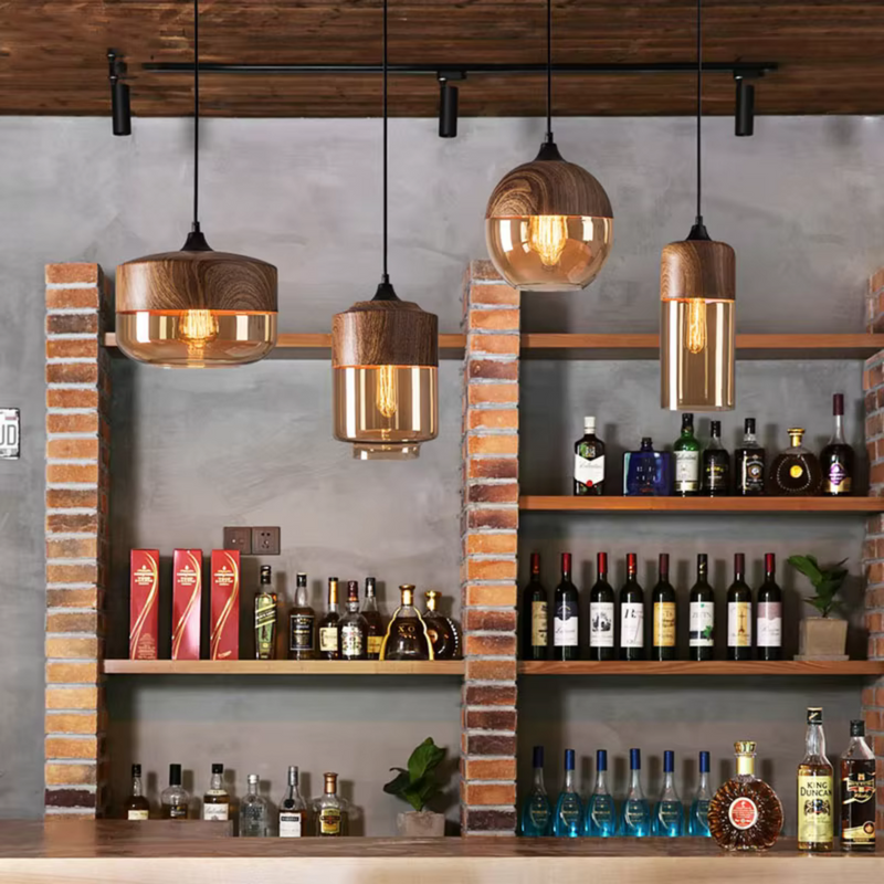 Modern industrial wood tinted glass pendant light fixture