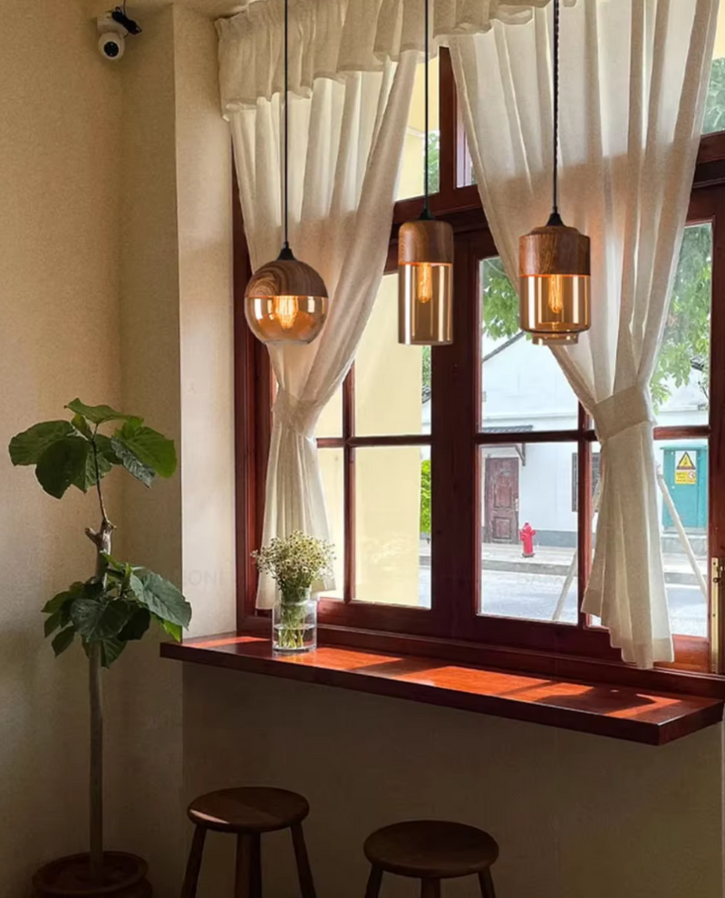 Modern industrial wood tinted glass pendant light fixture