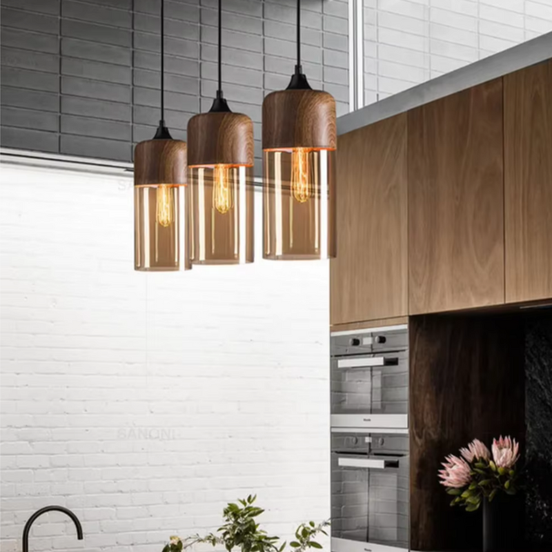 Modern industrial wood tinted glass pendant light fixture