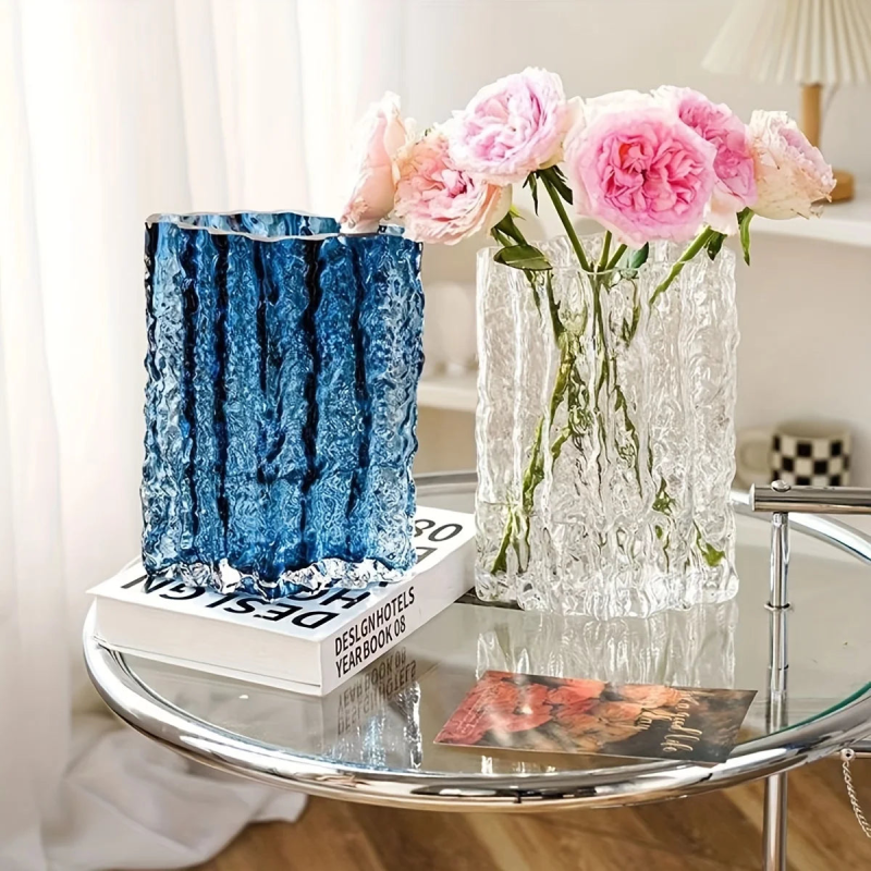 Textured glass glass flower vase wide base glass crystal vase