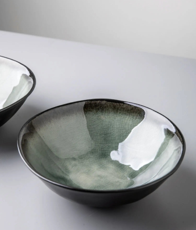 Elegant ice crack glaze ceramic salad bowl in moss green ramen salads large dishes handcrafted dinnerware