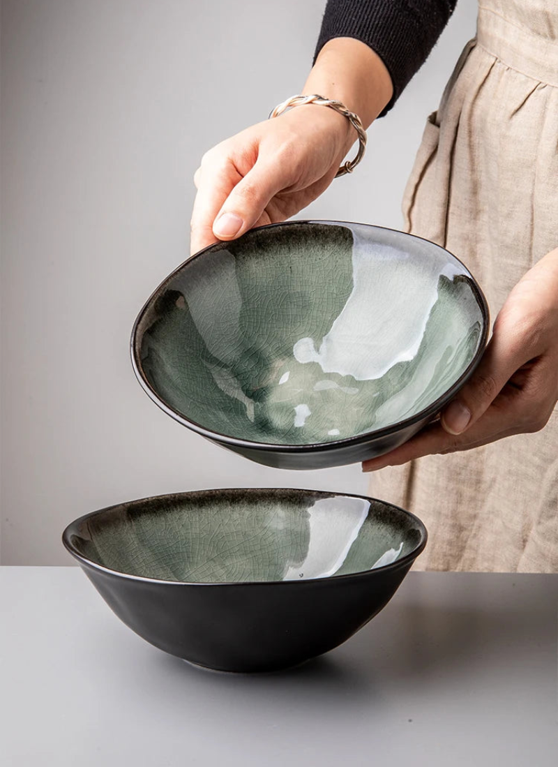 Elegant ice crack glaze ceramic salad bowl in moss green ramen salads large dishes handcrafted dinnerware