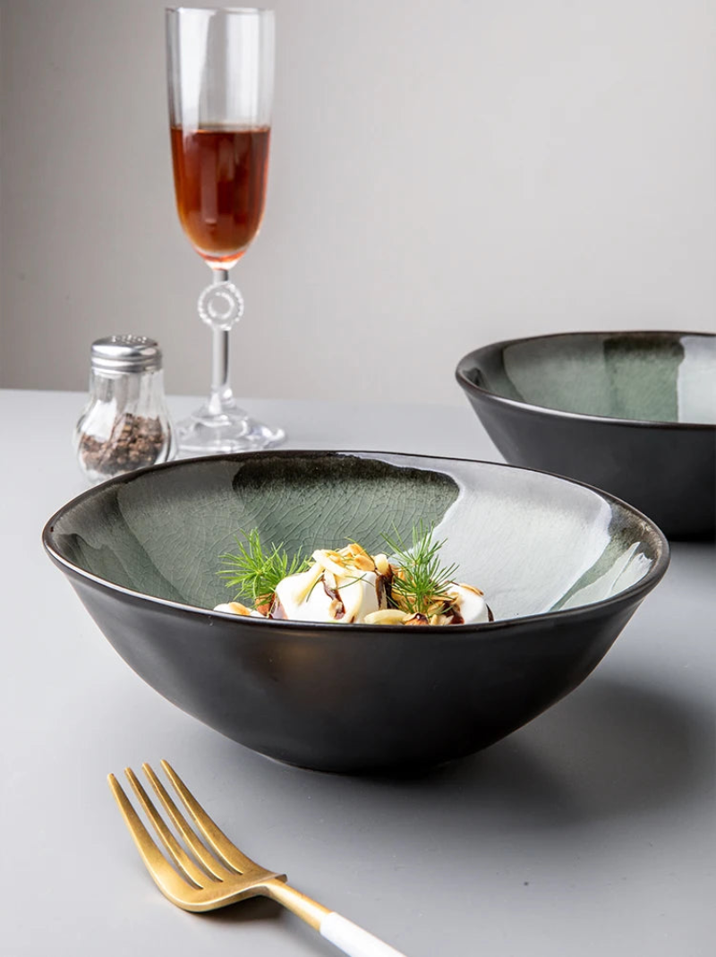 Elegant ice crack glaze ceramic salad bowl in moss green ramen salads large dishes handcrafted dinnerware