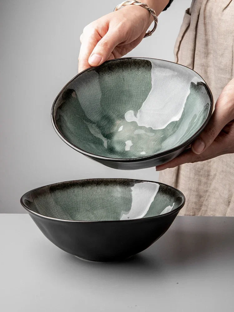 Elegant ice crack glaze ceramic salad bowl in moss green ramen salads large dishes handcrafted dinnerware