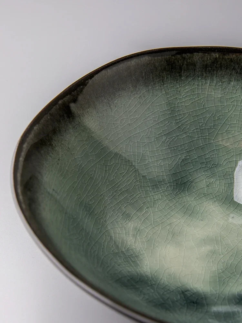 Elegant ice crack glaze ceramic salad bowl in moss green ramen salads large dishes handcrafted dinnerware