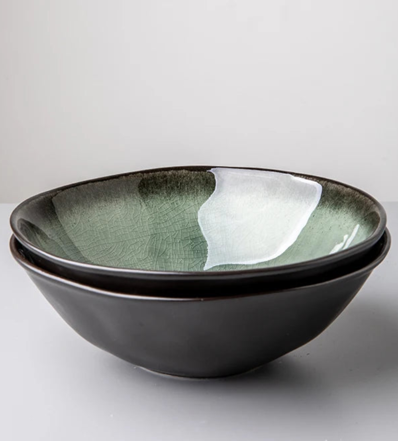 Elegant ice crack glaze ceramic salad bowl in moss green ramen salads large dishes handcrafted dinnerware