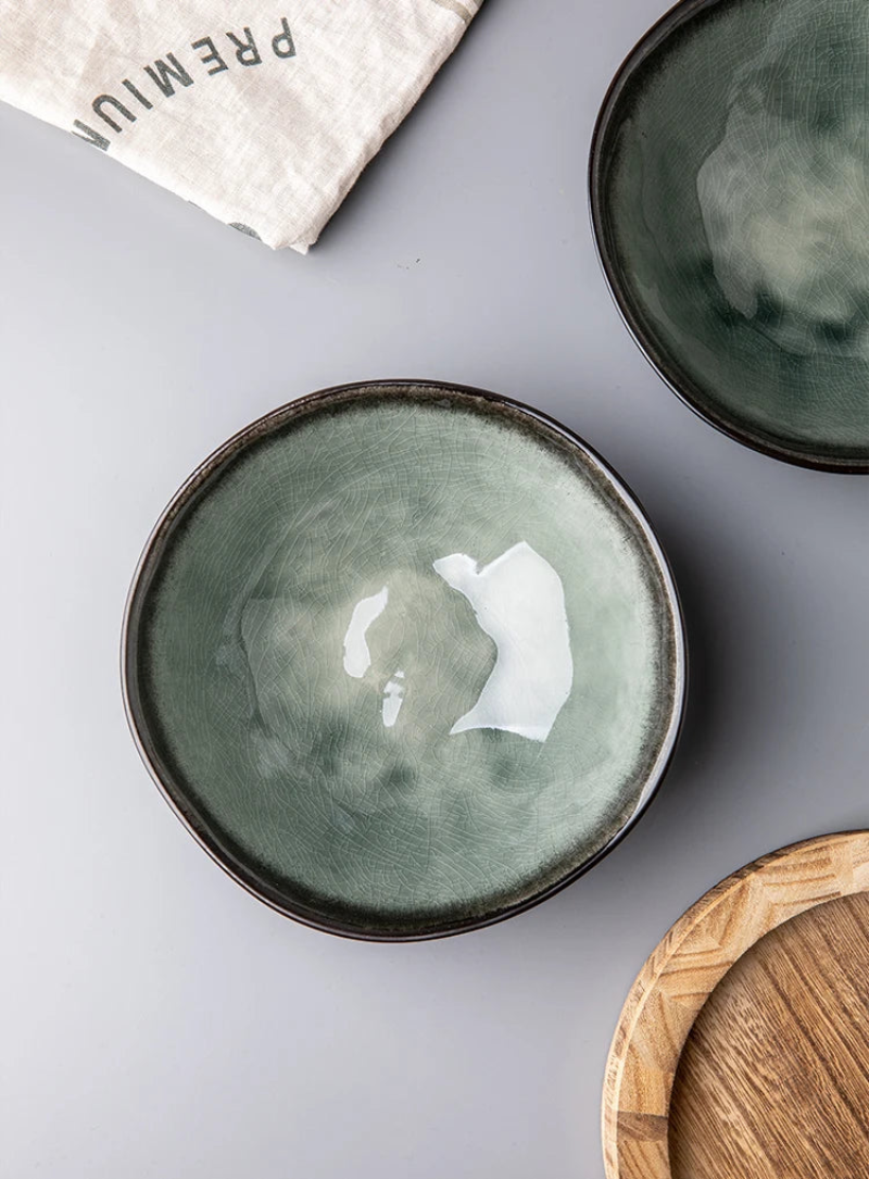 Elegant ice crack glaze ceramic salad bowl in moss green ramen salads large dishes handcrafted dinnerware