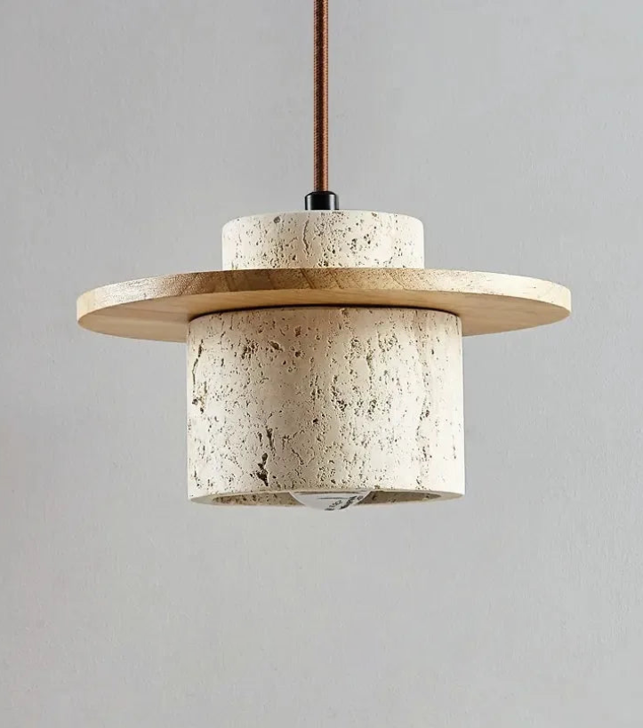 Minimalist LED pendant lamp walnut wood pendant light and travertine textured stone