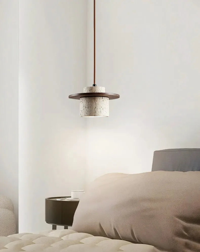 Minimalist LED pendant lamp walnut wood pendant light and travertine textured stone