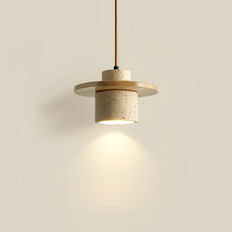 Minimalist LED pendant lamp walnut wood pendant light and travertine textured stone