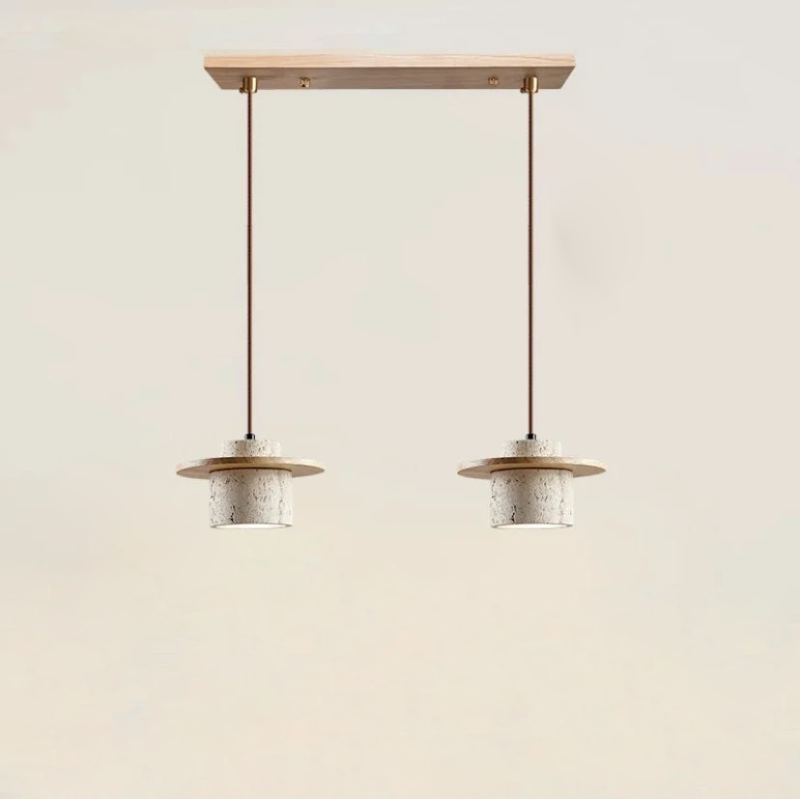 Minimalist LED pendant lamp walnut wood pendant light and travertine textured stone