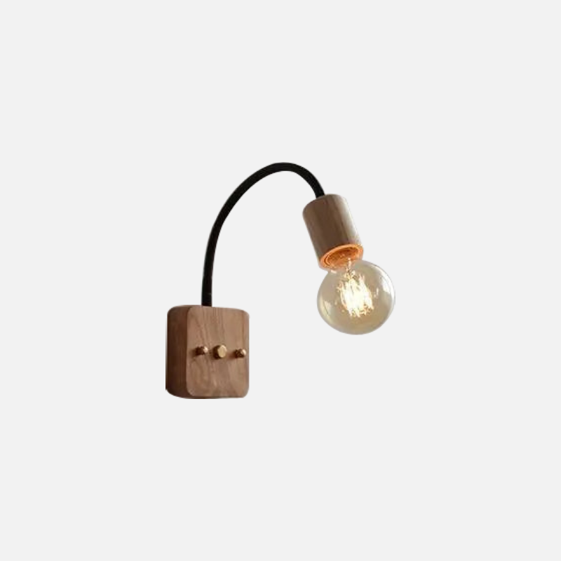 Walnut wood adjustable wall lamp with black arm, minimalist exposed bulb design for modern bedroom or hallway lighting.