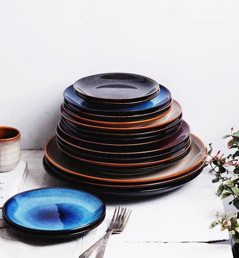 Vibrant glaze ceramic shallow plates contrast plates vintage dinnerware