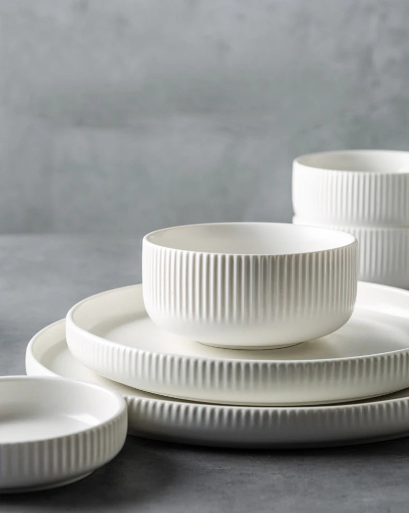 Ceramic Matte Glazed Dinnerware collection textured ceramic tableware ribbed pattern minimalist plates bowls