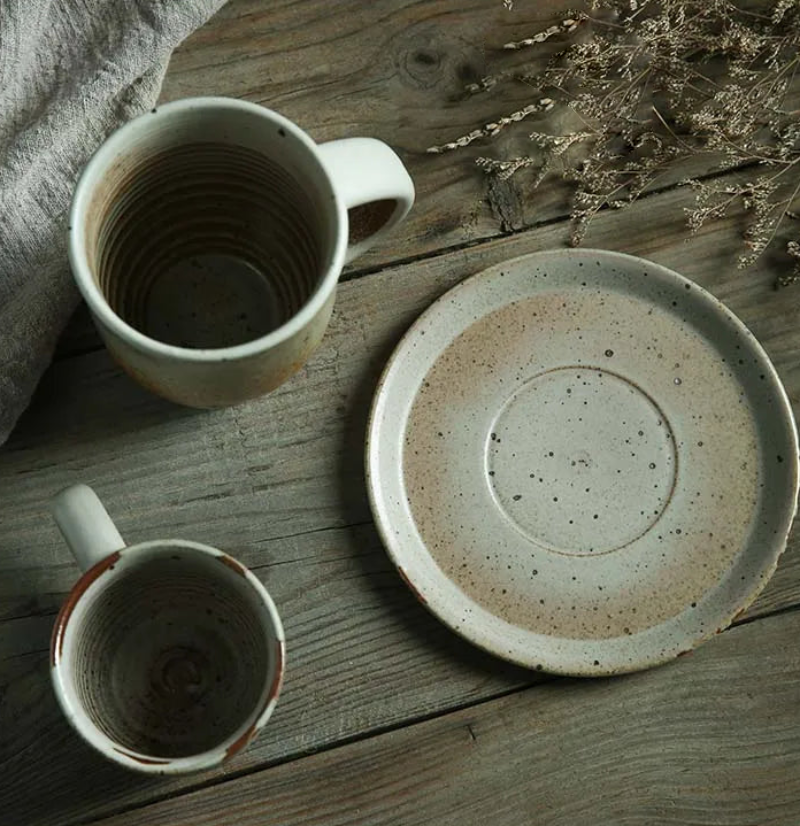 Hand-Painted ceramic coffee mug and saucer set speckled finish glazed mug