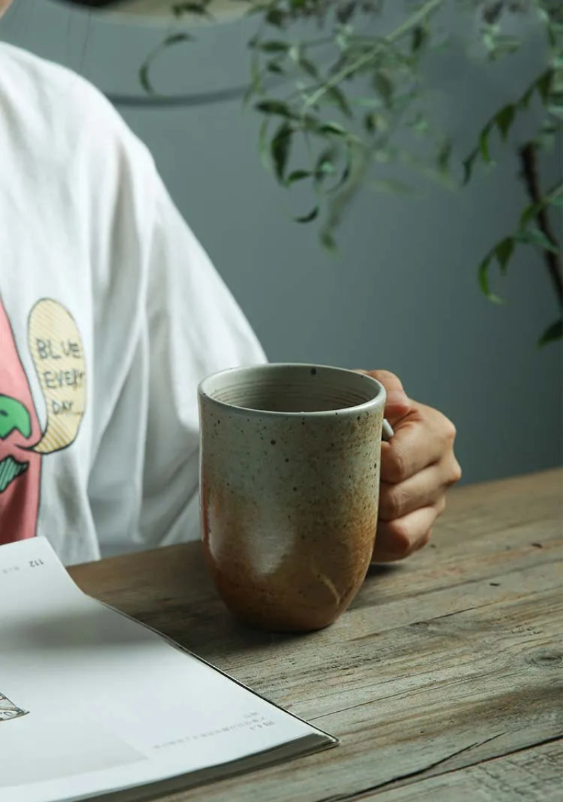 Hand-Painted ceramic coffee mug and saucer set speckled finish glazed mug