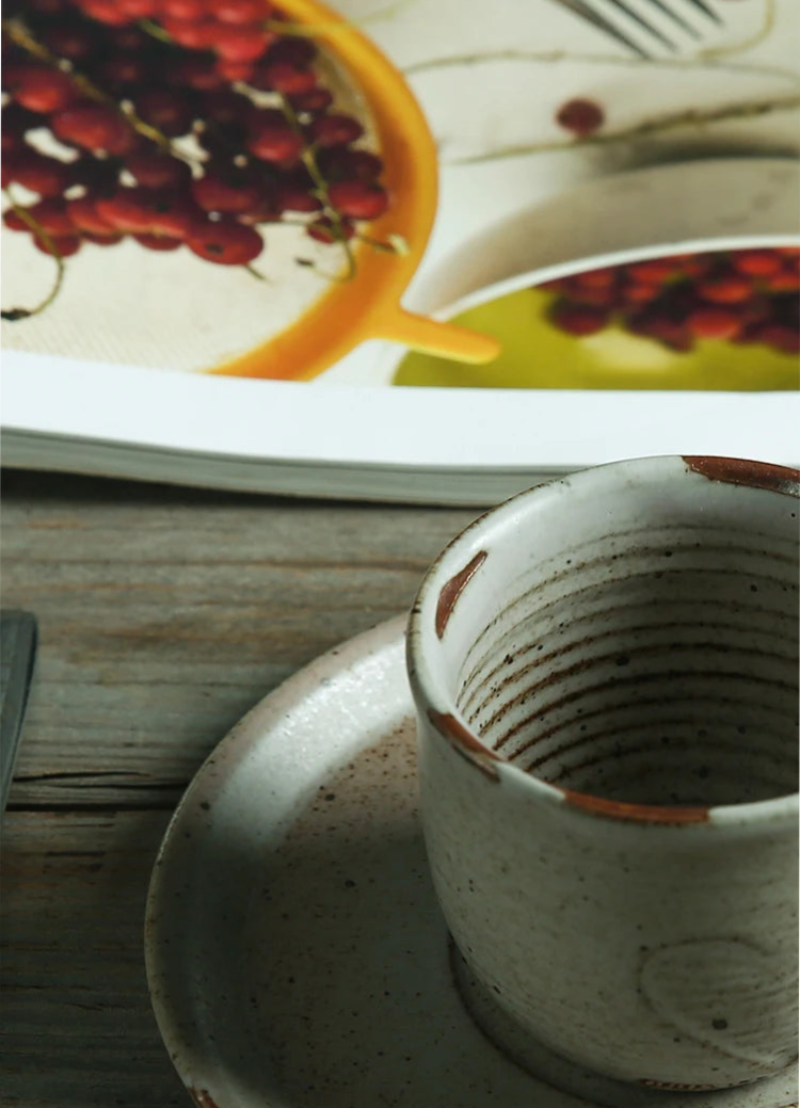 Hand-Painted ceramic coffee mug and saucer set speckled finish glazed mug