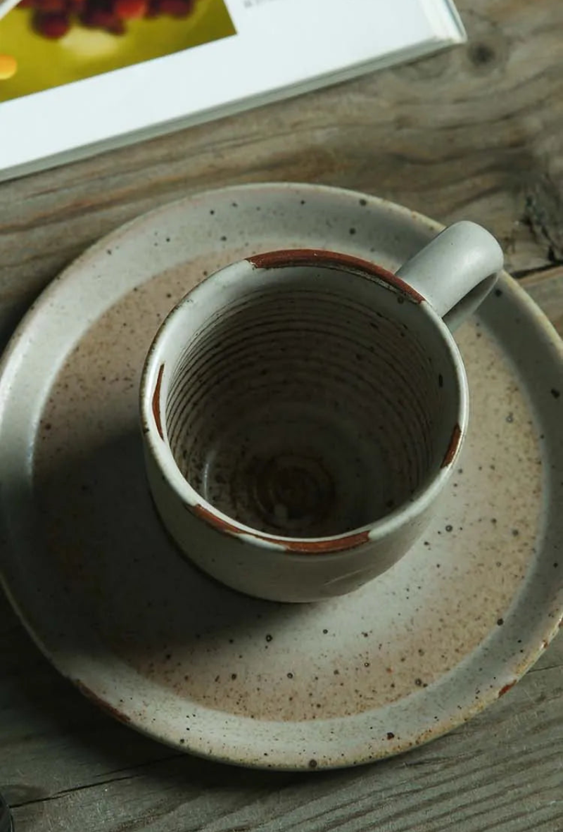 Hand-Painted ceramic coffee mug and saucer set speckled finish glazed mug