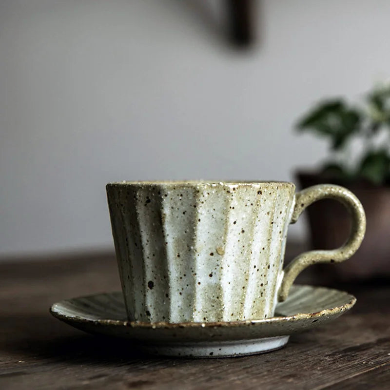 Vintage Stoneware Mug and saucer set speckled paint with ridged patter coffee and tea mug set