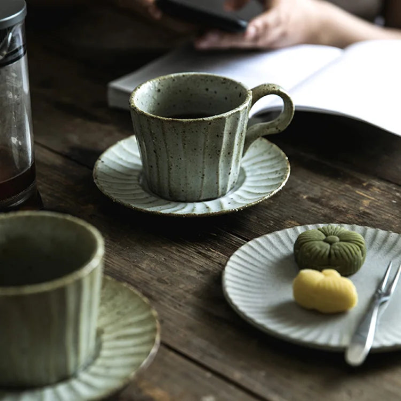 Vintage Stoneware Mug and saucer set speckled paint with ridged patter coffee and tea mug set